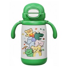 SUNORO 316不銹鋼兒童保溫杯 雙飲設計, 1個, 400ml, 綠色動物園