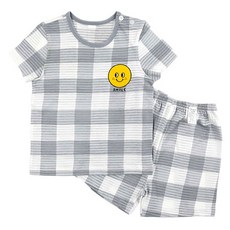 Maykids 孩童微笑格紋提花短袖T恤5分褲套裝 灰色