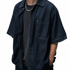 BOHRHOO 719 輕洗水拉鍊牛仔襯衫 短袖外套 XL 深藍