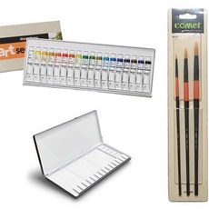 artsecret 藝術家的秘密 水彩顏料組+20格調色盤+水彩筆 3入, 18色