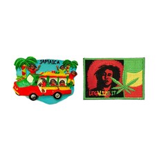 A-ONE 匯旺 牙買加觀光車可愛磁鐵 + 巴布·馬利 雷鬼歌手外套電繡 2個 Set, C228 + 138, 2.83 x 2.17吋 + 3 x 2吋