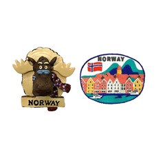 A-ONE 匯旺 挪威馴鹿可愛磁鐵 + 挪威 卑爾根 Bryggen 峽灣小鎮外套貼布 2件組, 7.5 x 6cm, C186 + 348