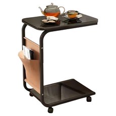 德利生活 沙發邊桌帶輪款 C型邊桌附收納袋 可移動, 黑色