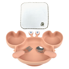 CHING-CHING 親親 兒童餐具組 (螃蟹) 台灣製 無毒矽膠餐盤 + 紗布方巾, 1組, 磚紅色