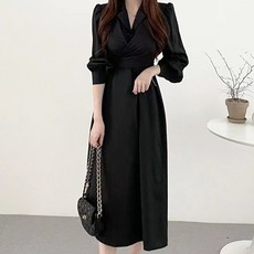 Paperments 腰部綁帶後背蝴蝶結蓬蓬肩連身裙 03884, 黑色