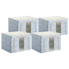 小麥購物 大容量防潑水牛津布雙門單視窗衣物鐵架收納箱 66L, 4個, 藍色小草