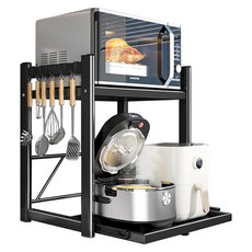 MDYooMarket 頂級滑動式可調節高度電鍋微波爐雙層層架 + 6件掛鉤組, 黑色, 1套