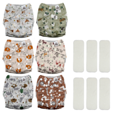 mama koala 嬰幼童成長型口袋式布尿布3.0 6件組 附竹纖維尿墊 3.6~18kg, 動物派對, 1組