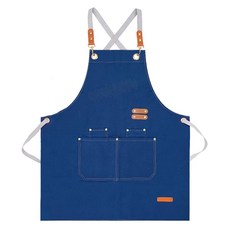 防潑水工作圍裙 帆布皮革金屬材質 廚房咖啡廳適用, 深藍色, 1件