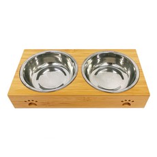 萌貝貝 寵物竹木不鏽鋼餵食雙碗 不鏽鋼碗直徑12.5公分 竹架31x15.5x5.5公分, 原木色 + 銀色, 1組