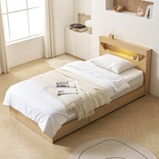 보니애가구 문스테이 LED조명 수납 침대 + 코어에센셜 독립스프링 매트리스 세트 방문설치, 네츄럴(프레임), 네이비(매트리스)