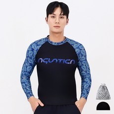 AQUATICA 男款樹葉印花長袖游泳防曬衣+泳帽+塑膠束口泳具袋