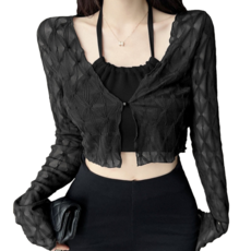 甜辣風透膚格子單釦長袖罩衫 女裝上衣, 黑色