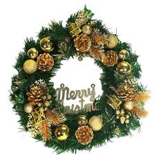 摩達客 耶誕豪華高級綠色聖誕花圈, 14吋, 金色系, 1件