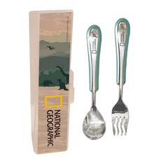 NATIONAL GEOGRAPHIC KiDS LILFANT 兒童用 Curly 不鏽鋼湯匙叉子磁吸盒組 恐龍, 混合色, 湯匙 + 叉子 + 收納盒, 1個