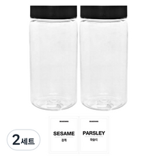 투명 PET 양념통 검정캡 세트, 2세트, 양념통 원형 350ml(2P) + 투명스티커 (참깨 + 파슬리)