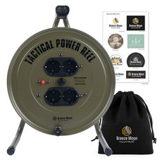 브리즈문 고용량 캠핑 전기 릴선 4구 20m 콘센트 리드선 멀티탭 전선 + DIY스티커 + 파우치 세트, 올리브그린, 1세트