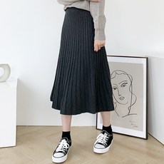 잘빠진 여성용 골지밴딩 플레어 니트 스커트