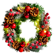 摩達客 質感聖誕花圈福臨圈 + 20燈LED暖白光燈串, 冬雪系小紅莓刷白松果, 1個