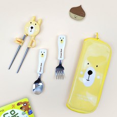 kitchen U 小熊兒童不鏽鋼湯匙叉子筷子餐具盒組, 湯匙 + 叉子 + 筷子 + 餐具袋, 混合色