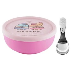 KOM 316不鏽鋼矽膠兒童隔熱碗 附角落小夥伴圓匙, 粉色, 附蓋兒童碗 + 湯匙, 1組