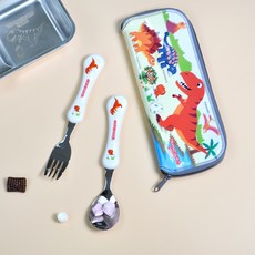kitchen U 兒童用暴龍波浪不鏽鋼湯匙叉子餐具盒組, 1套, 混合色, 湯匙 + 叉子 + 餐具盒