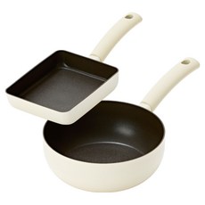 Silvat 韓國製 純粹 IH 電磁爐適用平底鍋 2件組, 象牙白, 1套, 雞蛋卷鍋 18cm + 中式炒鍋 20cm