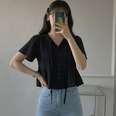 TANIZ 絲絨蝴蝶結短袖襯衫