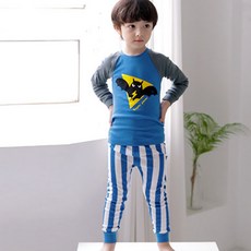 Maykids 童款印花30支彈力棉2件式長袖套裝 藍底蝙蝠俠款