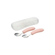 Richell 利其爾 不鏽鋼匙叉 附盒 前端角度設計 匙叉前端不落地設計 確切的握好手把, 湯匙+叉子, 粉色, 1組