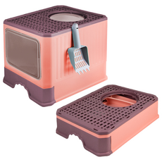 哈囉毛孩 下進上出 可折疊封閉式雙門貓砂盆 Set, 附貓砂鏟, 頂部落砂盤, 底部抽屜式, 珊瑚粉, 1個, 49 x 35 x 37.5 cm