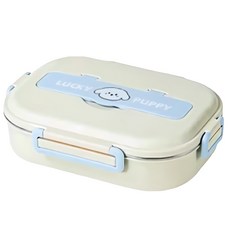 可愛粉貓藍狗304不鏽鋼分格便當盒, 便當盒 + 湯碗 + 餐具, 藍狗, 1組