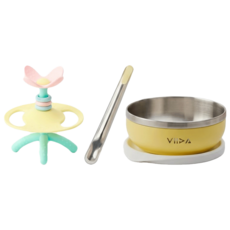 VIIDA 阿姆阿姆好食趣新生兒禮盒 貝殼黃款 嬰兒餐具組 附不鏽鋼碗 餵食湯匙 固齒器, 貝殼黃, 抗菌不鏽鋼餐碗 + 餵食湯匙 + 魔法森林固齒器, 1盒