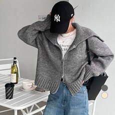 NANING9 女款V型羊毛翻領針織拉鍊外套, 灰色