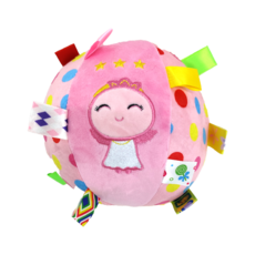 絨布超柔軟標籤鈴鐺布球玩具 粉紅色 觸感細膩 刺激視覺 訓練抓握, 1顆