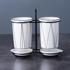 mondeuseupat 黑白鐵架底座陶瓷瀝水雙格餐具筒架 RB20719, C, 1個
