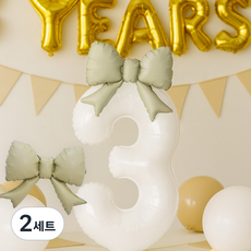 PARTYSHOW 可愛蝴蝶結鋁箔中型氣球 2p + 數字氣球 3, 2套, 米色(中型米色), 白色(數字氣球)