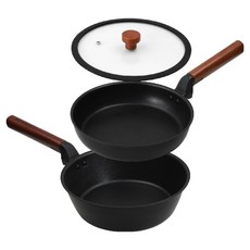 CooK&CooK Miracle韓國產IH感應爐適用強化塗層鍋具組, 黑色, 平底鍋 24cm+多功能深平底鍋 24cm+玻璃鍋蓋 24cm, 1組