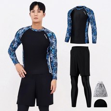 AQUATICA 男款防曬插肩長袖泳衣+假兩件式短褲內搭長褲 AQAMAX-PL+彈性泳帽+收納袋組