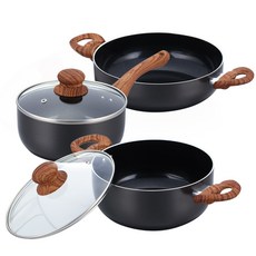 QUEEN SENSE 電磁爐適用木柄鑽石不沾鍋具 3入組, 單柄鍋18cm+雙耳鍋20cm+火鍋湯鍋24cm, 混色