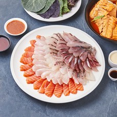 얌테이블 오늘 새벽 생산한 광어회 150g + 연어회 150g x 2입 + 참돔껍질회 150g + 방어회 150g + 연어용 소스 2입 + 초고추장 3입 + 간장소스 5입 + 생와사비 5입 + 쌈장 4입 + 쌈야채 4입 + 서더리탕 2입 세트, 1세트