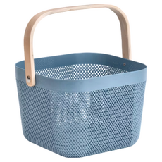 樂嫚妮 木柄手提籃 塑膠木質鐵件材質, 24.6 x 24.2 x 18.2cm, 藍色, 1個