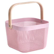 樂嫚妮 木柄手提籃 塑膠+木質+鐵件材質, 24.6 x 24.2 x 18.2cm, 粉色, 1個