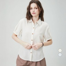 ELLEPARIS 여성용 구름 엠보 스트라이프 반팔 롤업 셔츠
