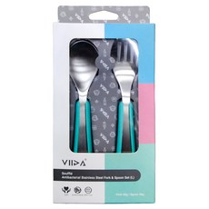 VIIDA Soufflé 抗菌304不鏽鋼叉匙組 安全無毒 不含雙酚A, 湖水綠色, L 湯匙1支 + 叉子1支, 1組