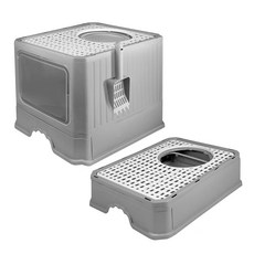 哈囉毛孩 下進上出 可折疊雙門貓砂盆 Set 附貓砂鏟 全封閉設計 隔臭防濺 凝結型貓砂 底部抽屜式 耐用PP材質, 低調灰, 1個, 49.7 x 39.5 x 38cm