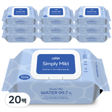 코멧 워터 99.7% 마일드 엠보싱 아기물티슈 캡형 피부 저자극 인증, 20팩, 100매, 50g