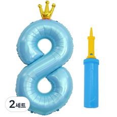 joyparty 鋁箔皇冠數字氣球 大 + 手動打氣筒組合, 2套, 8 藍色(氣球), 藍色(手動打氣筒)
