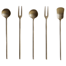 Notdam 手工黃銅櫻桃茶匙茶叉5件組, 1套, 櫻桃茶匙 2p + 櫻桃茶叉 2p + 櫻桃方形茶匙