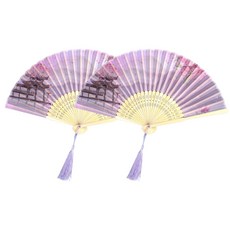 Boorepick 清涼傳統水墨畫竹製禮品折扇, 紫色花朵, 2個